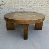 Brutalist coffee table in solid wood and stoneware tiles, circa 1960.