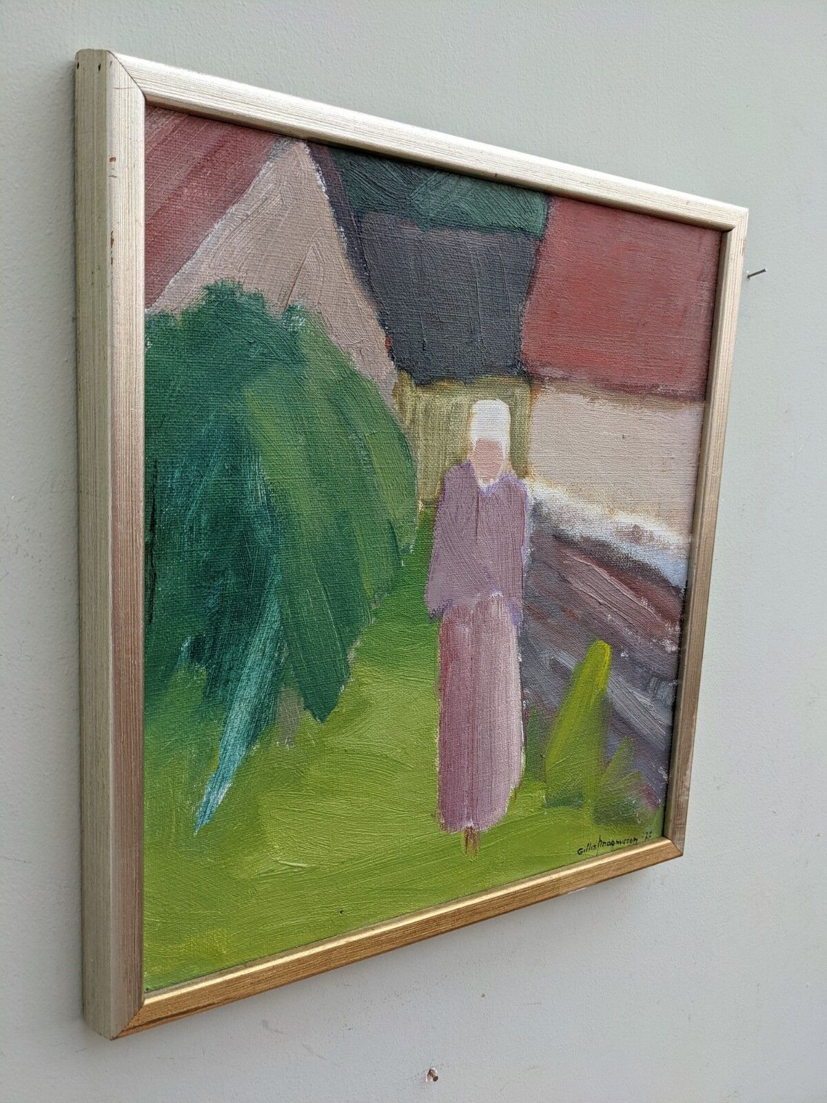 1977 Mid-Century Modern "Pensive Walk" Swedish Figurative Oil Painting, Framed