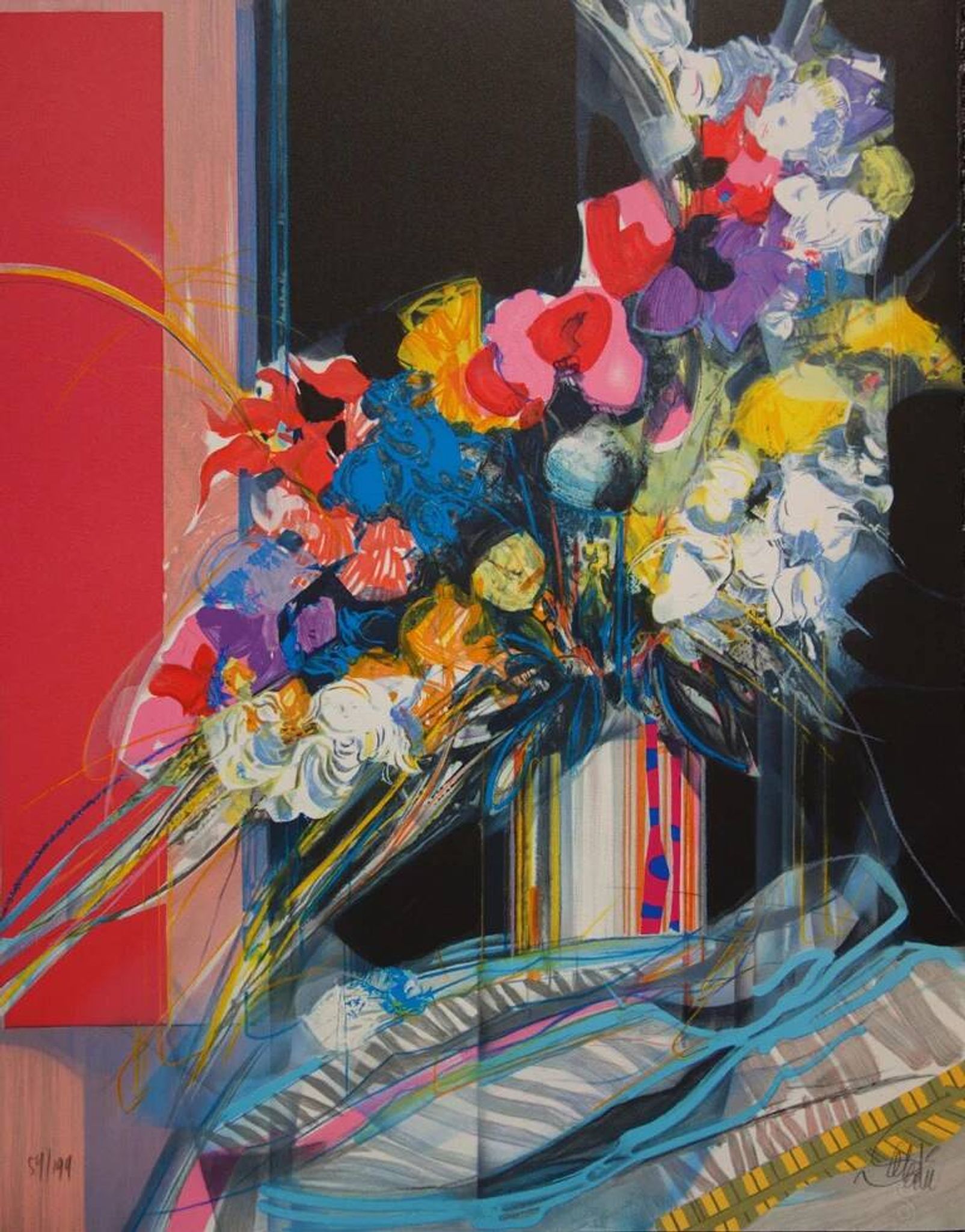 Jean-Baptiste Valadié: Blue, white and red bouquet, original signed lithograph