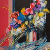 Jean-Baptiste Valadié: Blue, white and red bouquet, original signed lithograph