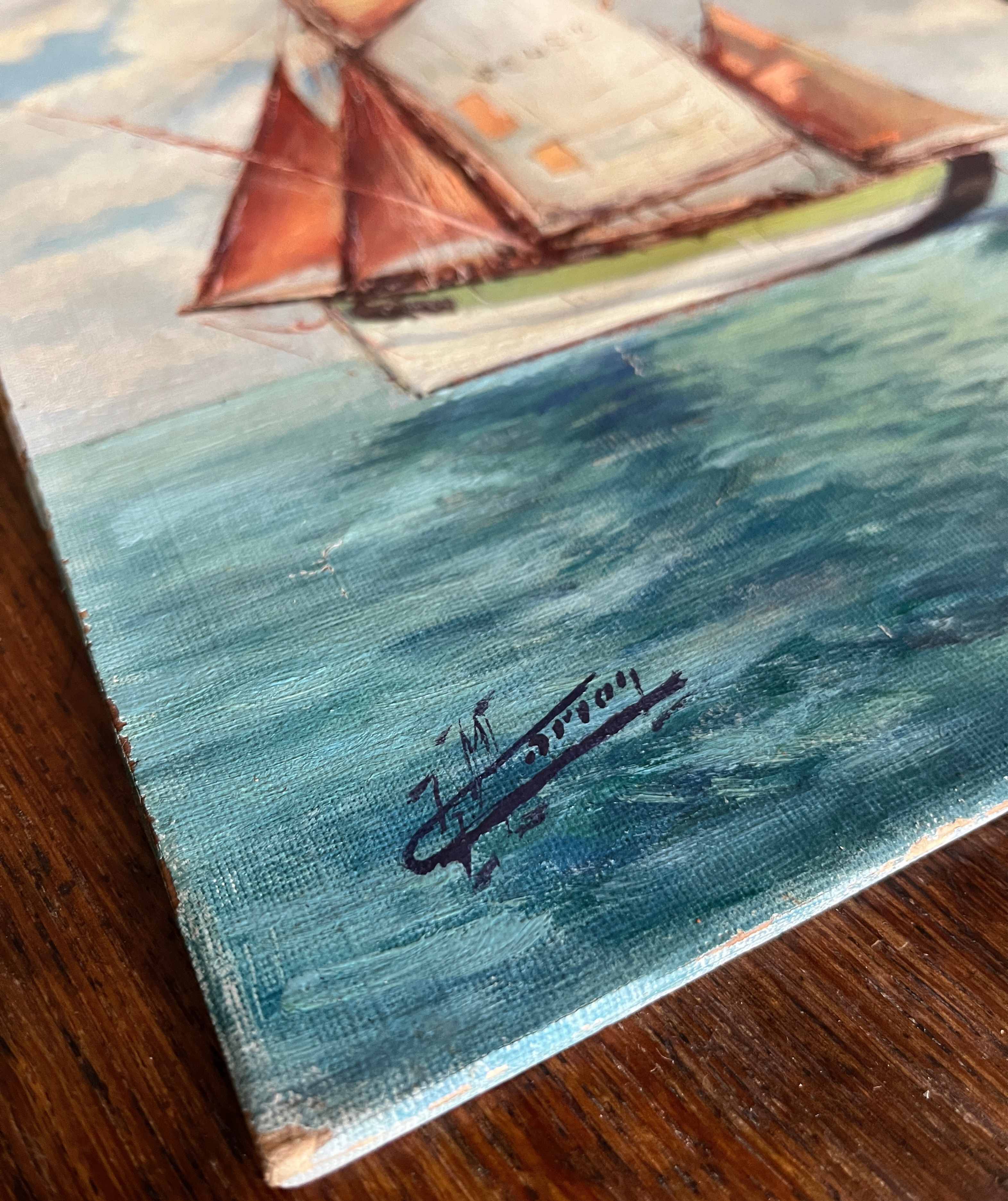 Tableau HST/P Marine Sailing Boat in Calm Weather signed (circa 1950)
