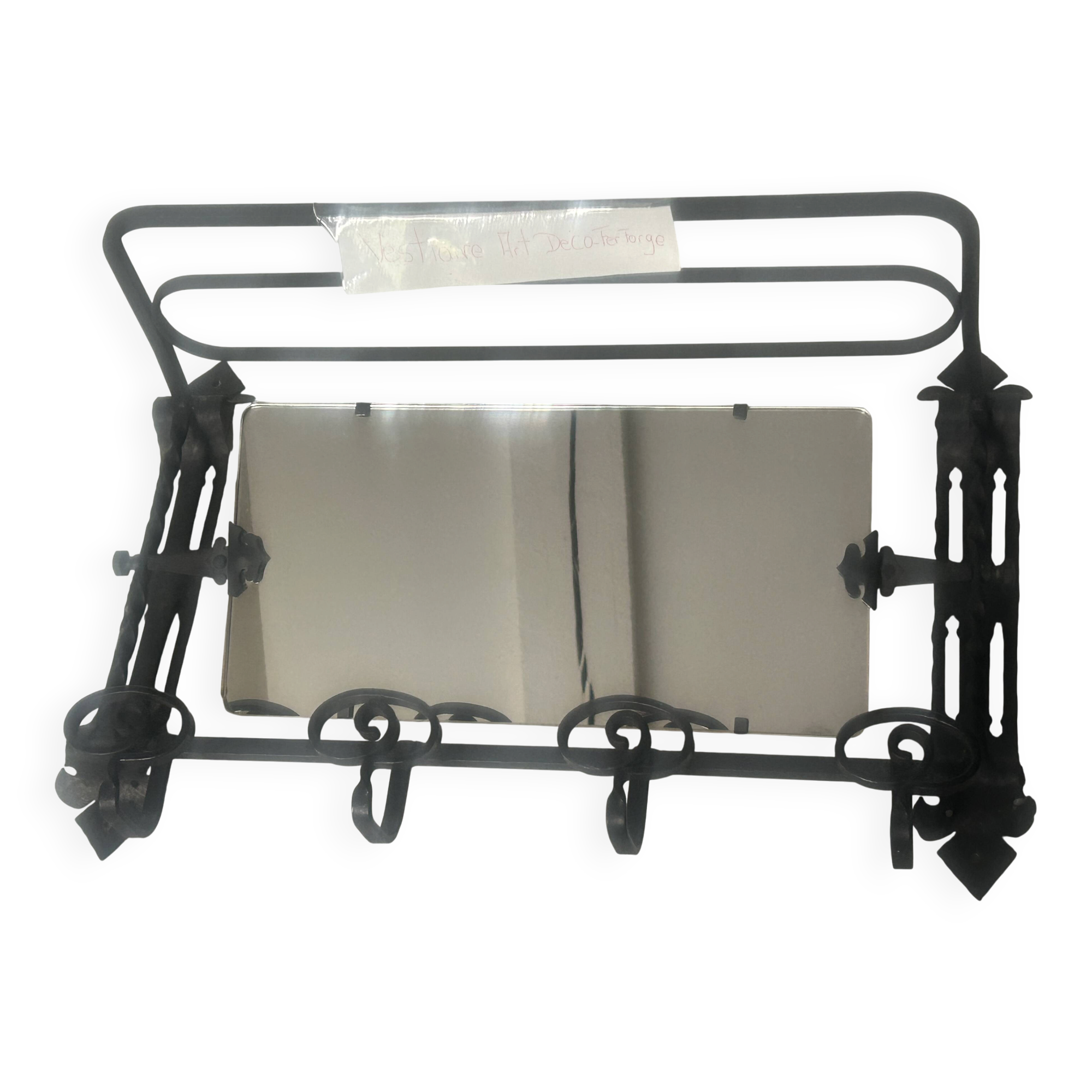 • Porte-manteau mural Art Déco en fer forgé plein et miroir biseauté