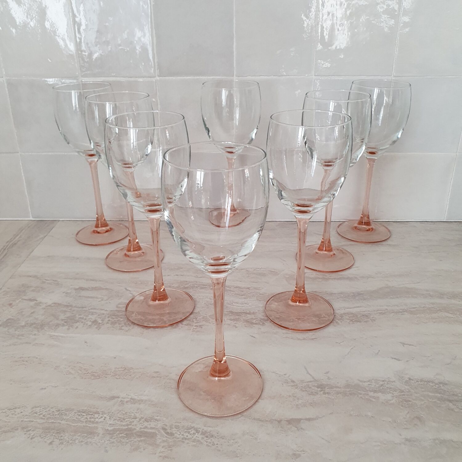 8 Pink Stem Wine/Water Glasses