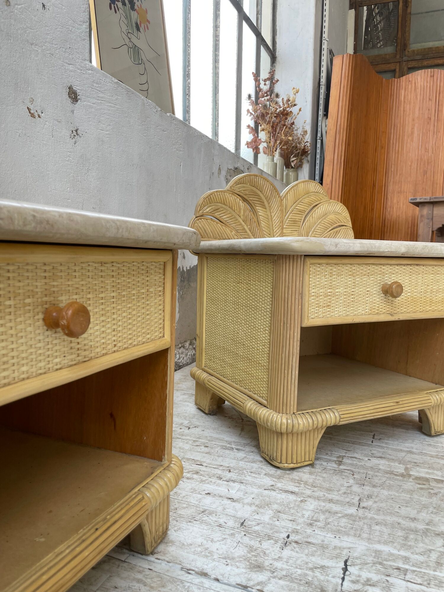 Pair of travertine bedside and rattan palm tree "vivai del sud"