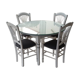 Extendable round table and 4 wooden and straw chairs.