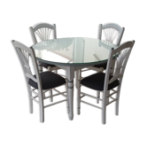 Table ronde extensible et 4 chaises en bois et paille