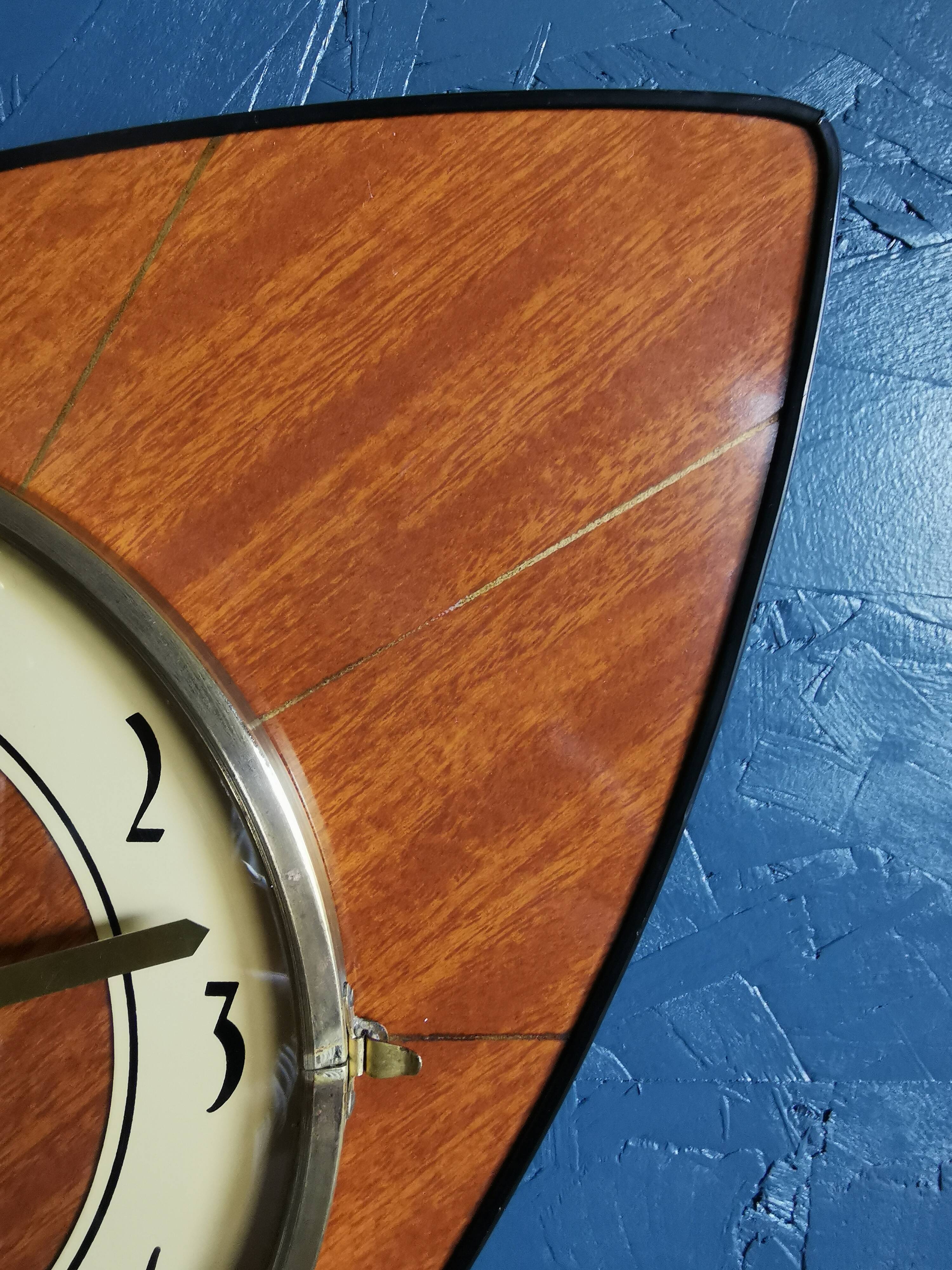 Vintage formica clock asymmetrical silent wall clock "SMI walnut golden lines"