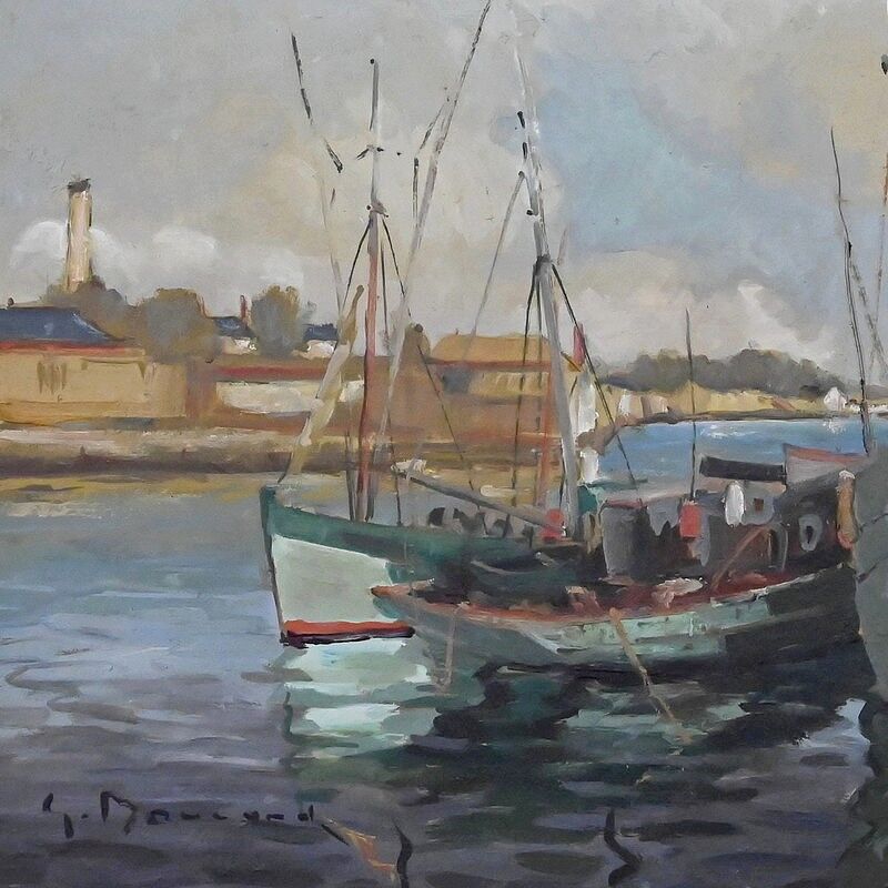 Painting "Thoniers at Dock", oil on panel, signed G. Boulard – Mid 20th century