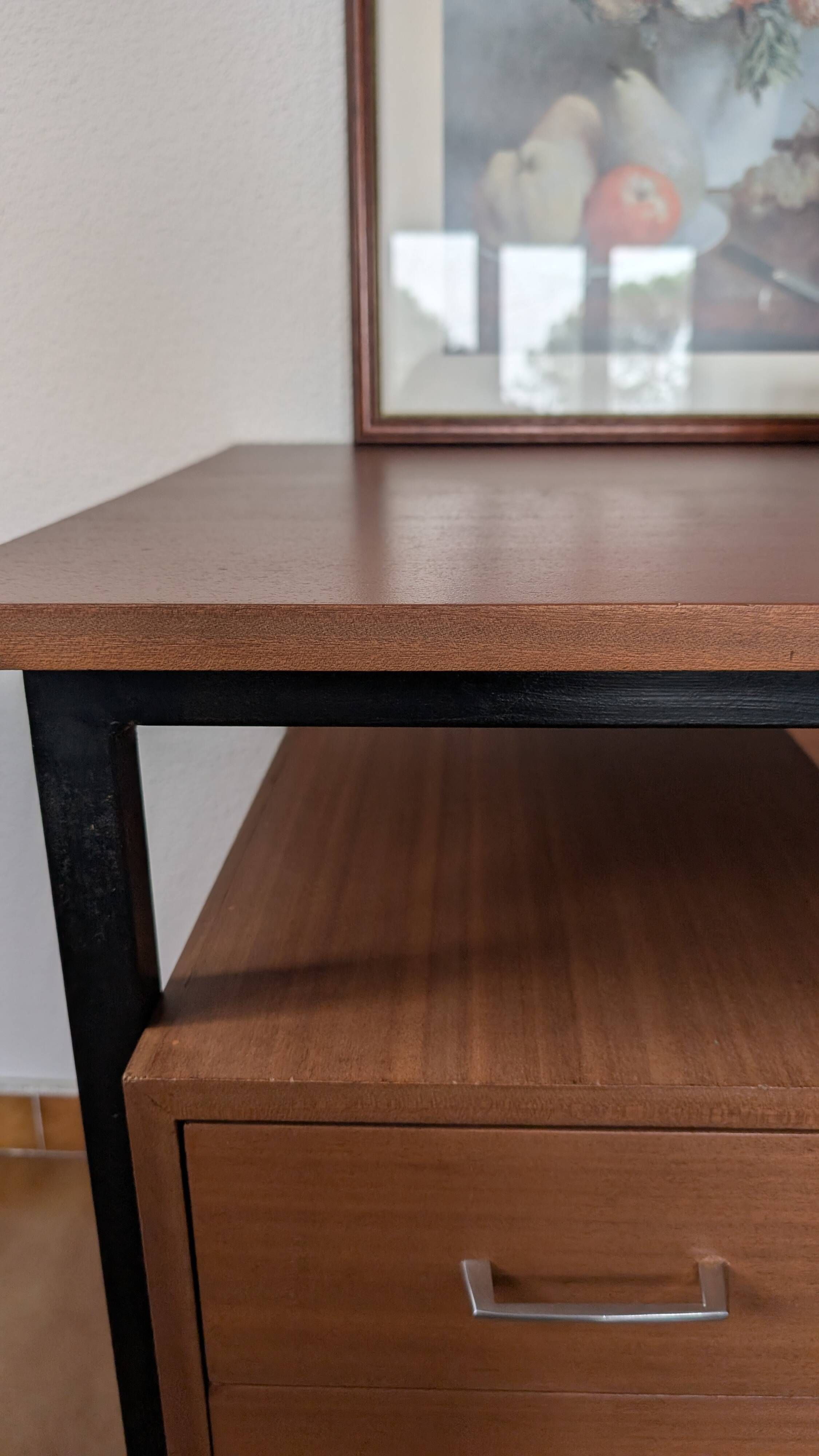 Industrial/craft desk from the 1970s; wood & metal.