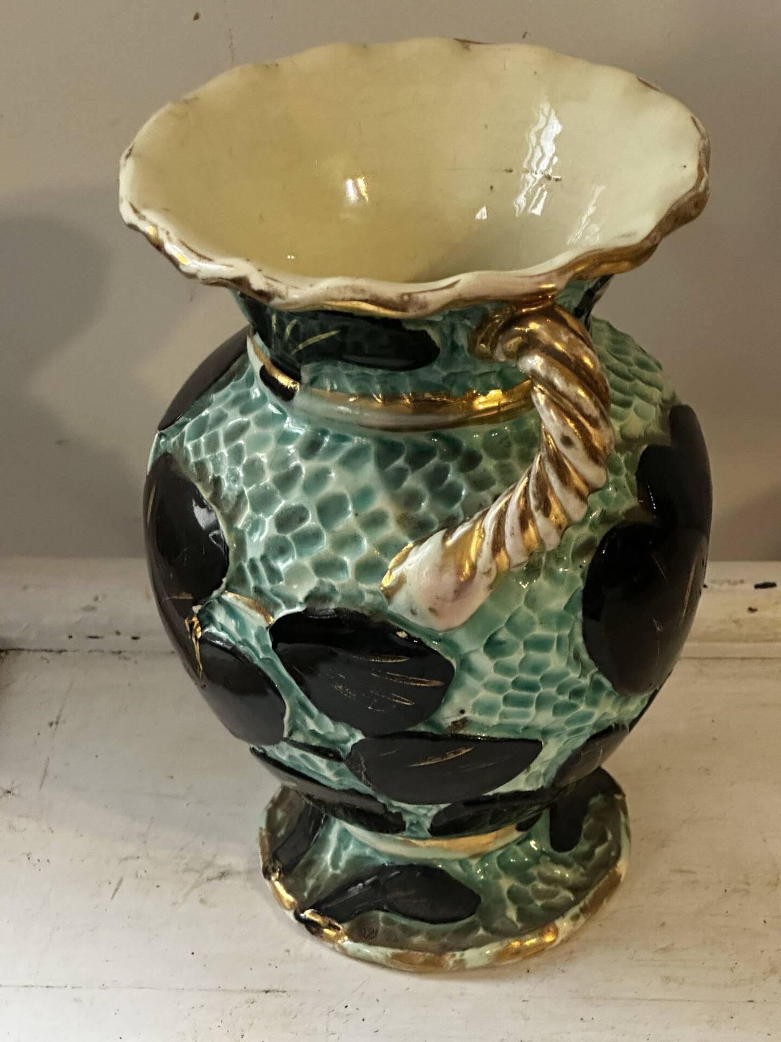 Pair of Vallauris vases in turquoise and black ceramic enhanced with o