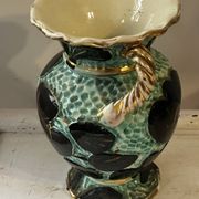 Pair of Vallauris vases in turquoise and black ceramic enhanced with o