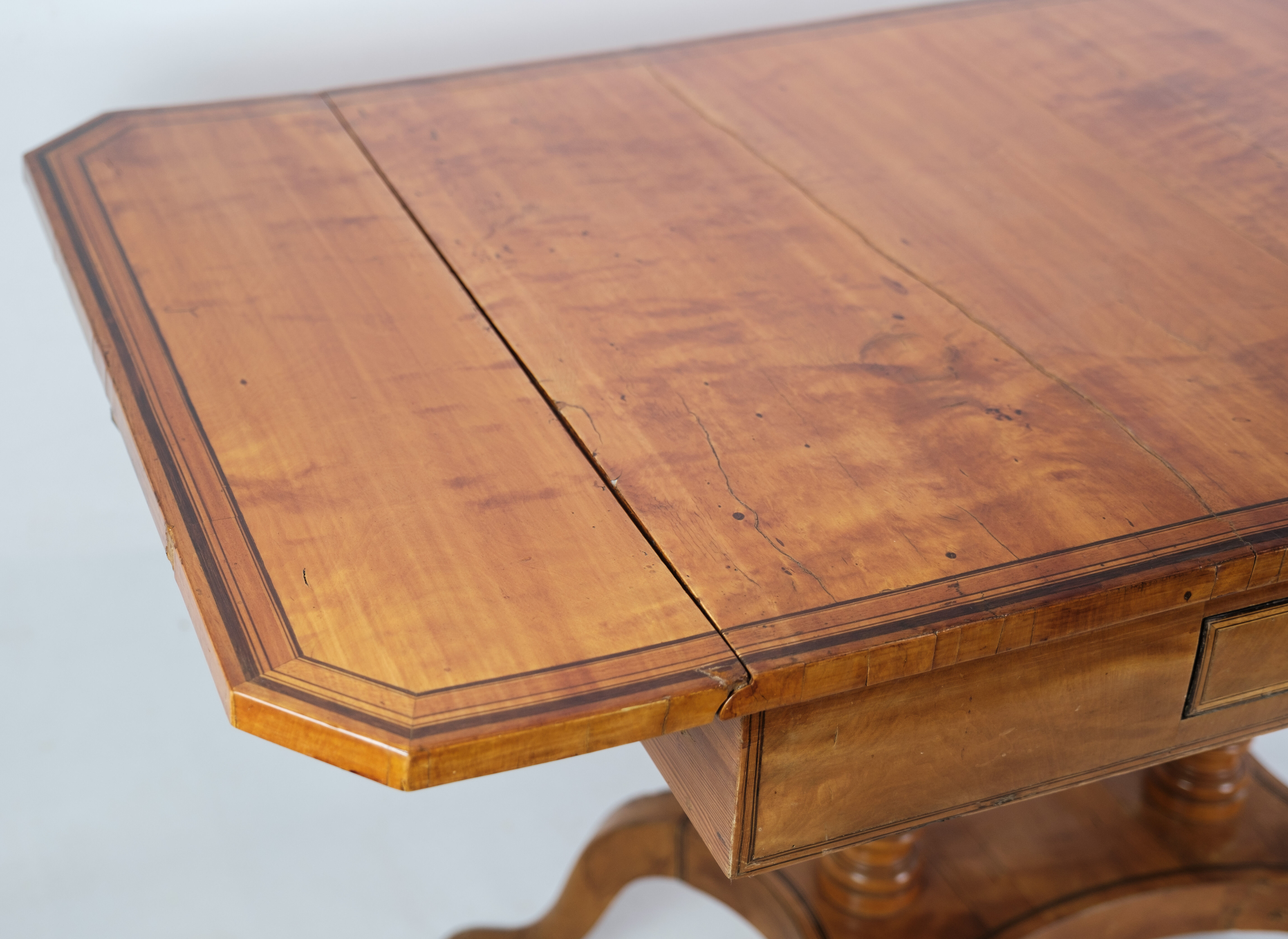 Antique Empire Table with Flaps and Marquetry in Birch Wood from 1840s