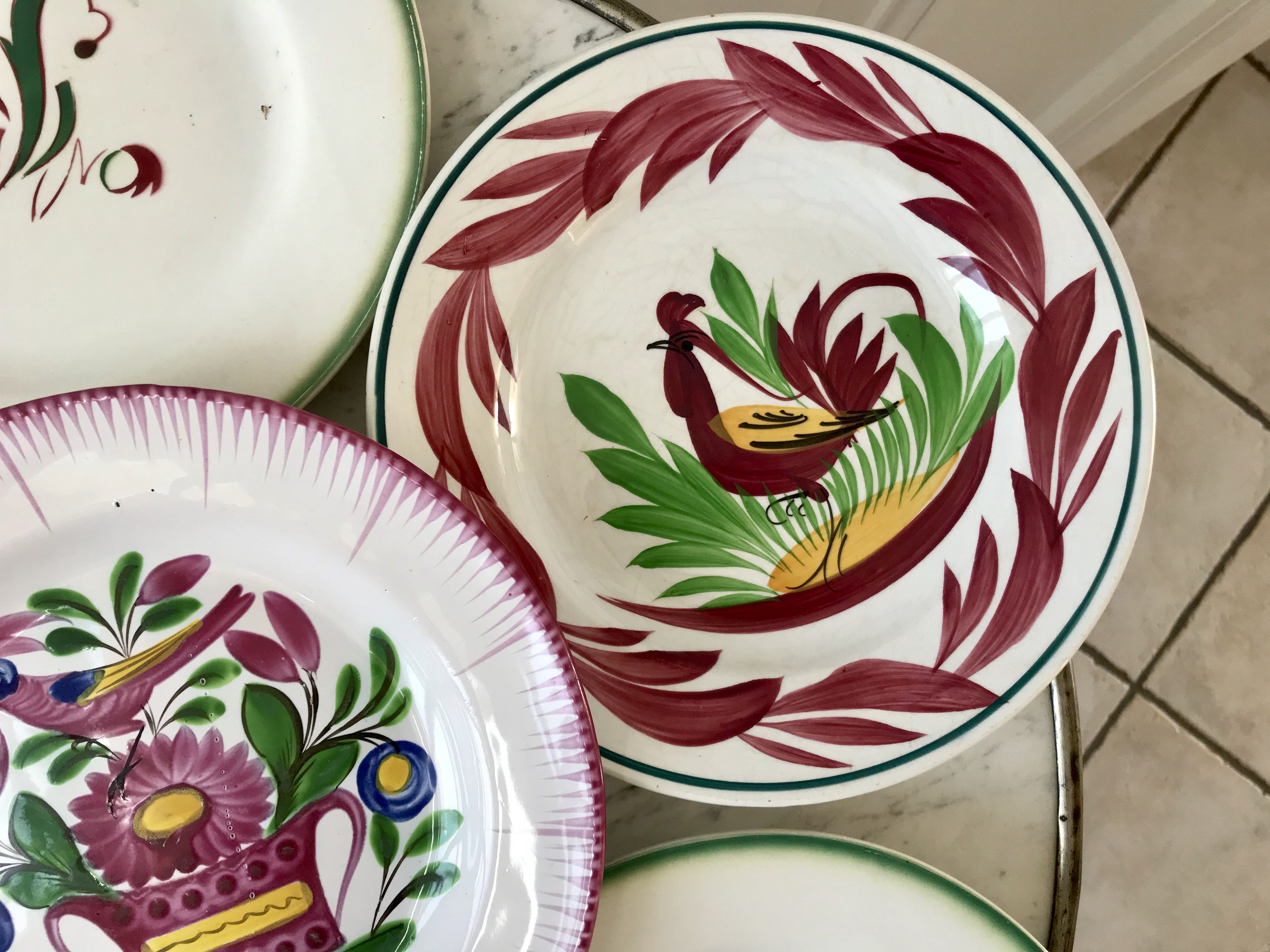 Set of 6 flat plates mismatched Digoin Sarreguemines models Rooster and Casino 30s