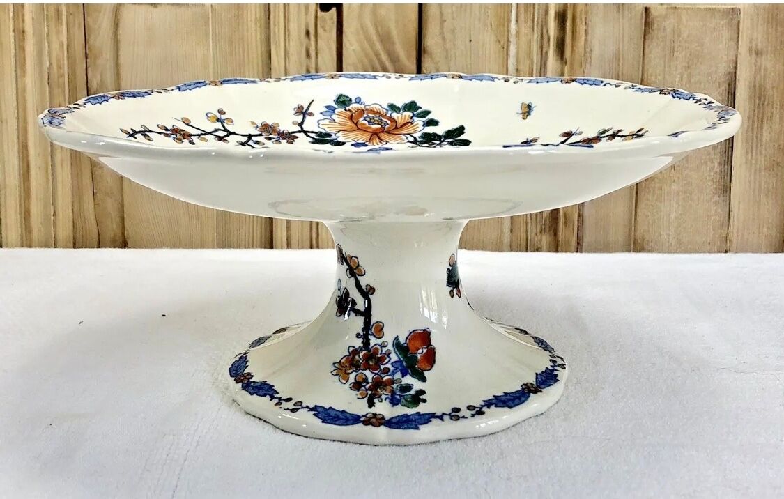 Compotier fruit cutters on pedestal Gien rooster and peonies 1938 1960