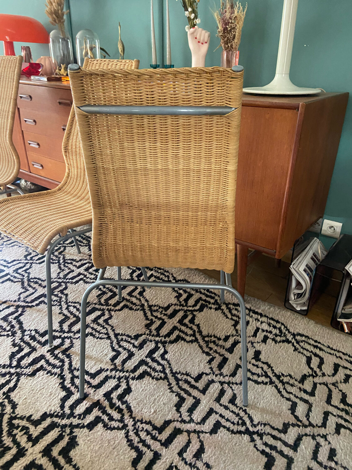 Trio of vintage Ikea rattan and aluminum chairs