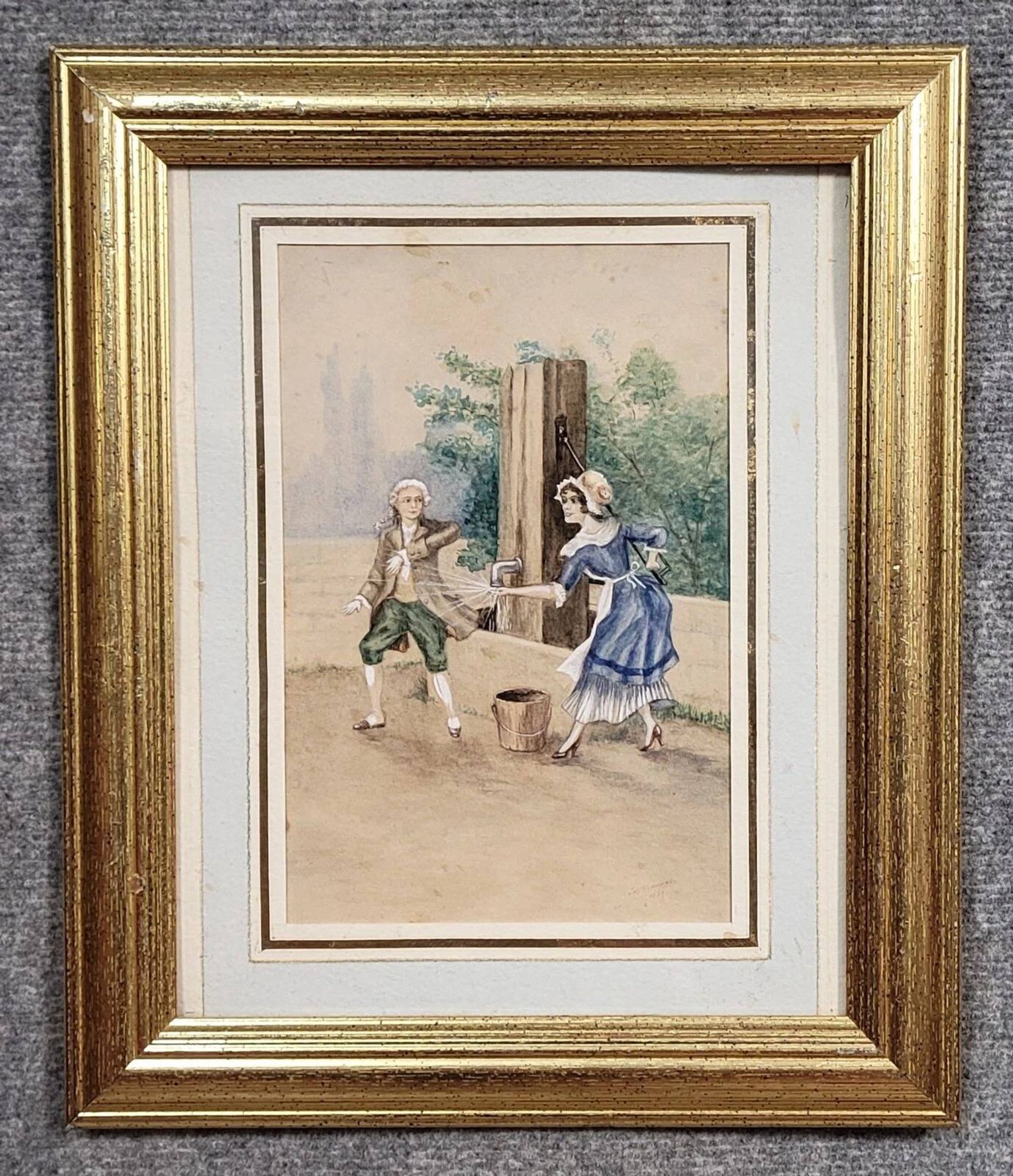 19th-century watercolor depicting a bucolic genre scene: a young woman