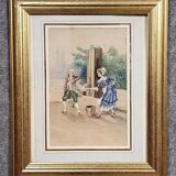 19th-century watercolor depicting a bucolic genre scene: a young woman