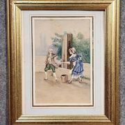 19th-century watercolor depicting a bucolic genre scene: a young woman