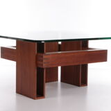 French Brutalist Design coffee table of teak with glass top, 1970