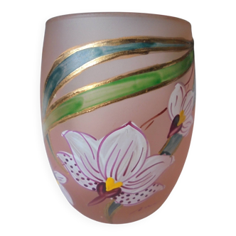 Blown and enameled toothbrush holder, pink glass