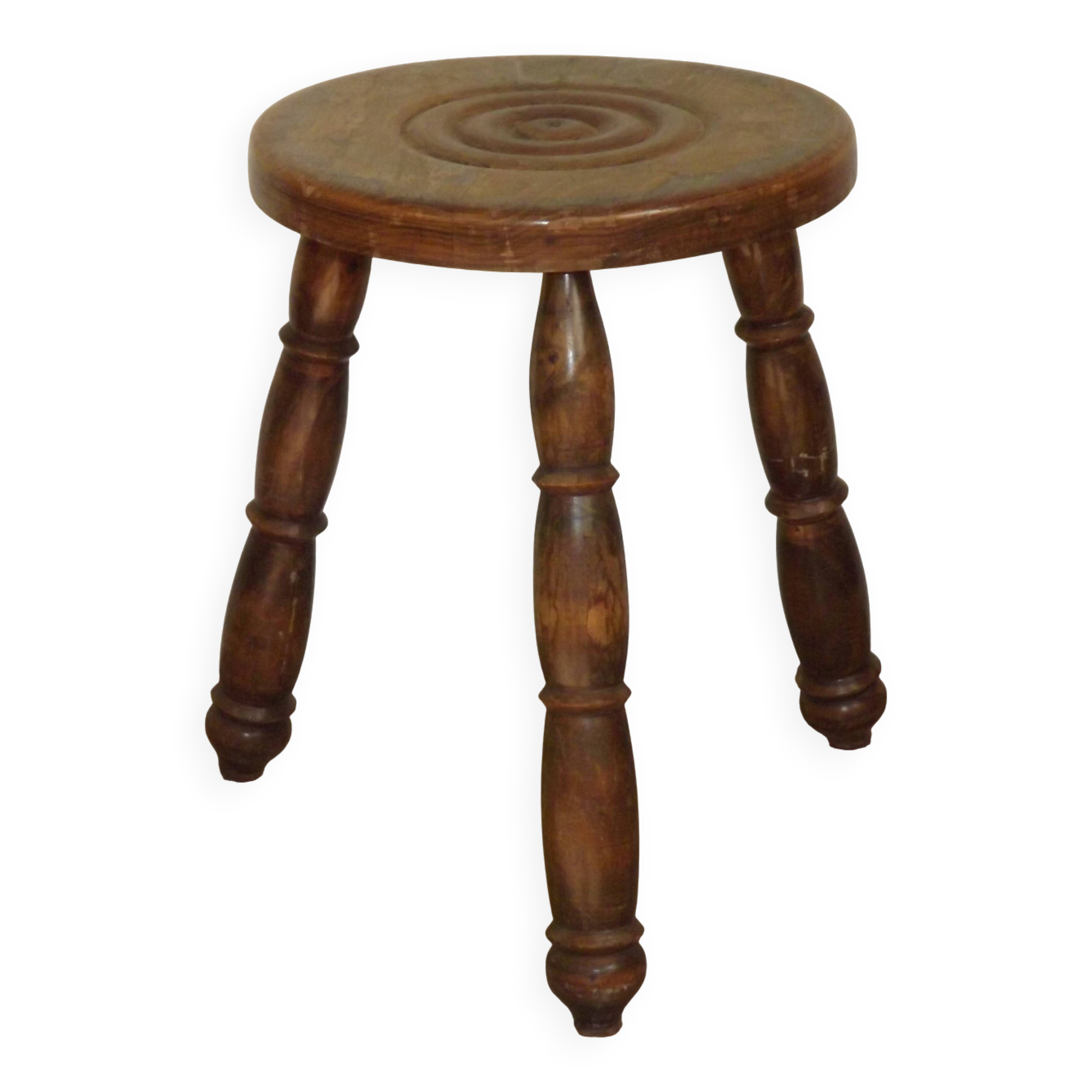 Vintage French Handmade Wooden Milk Stool with 3 Spindle Legs and Bullseye Seat 5311