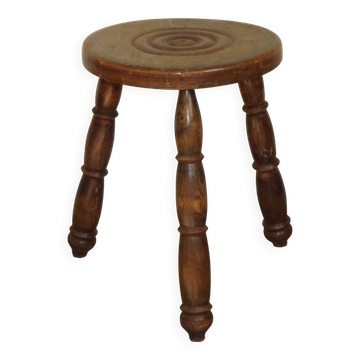 Vintage French Handmade Wood Milk Stool 3 Spindle Legs Bullseye Seat 5311