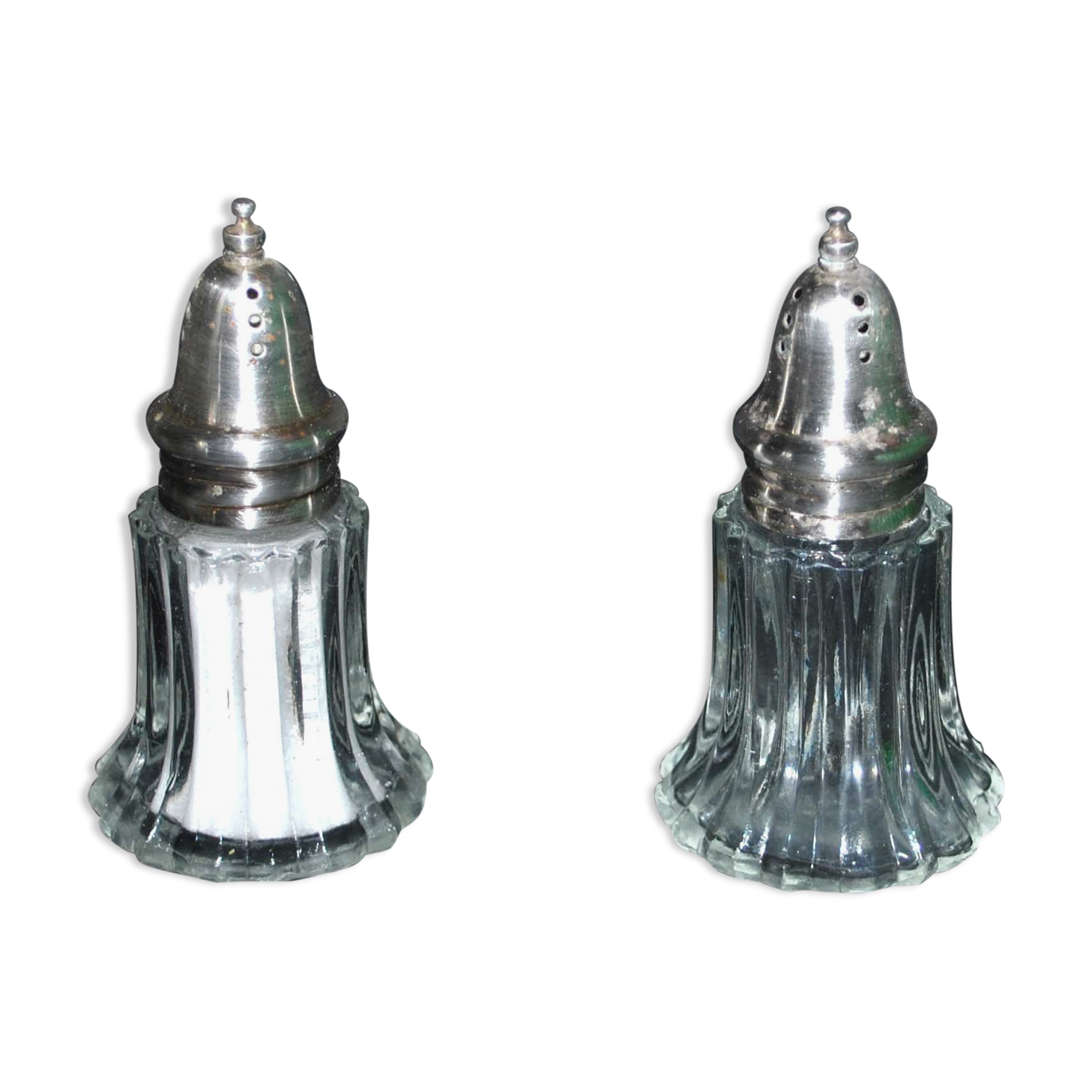 Vintage molded glass and silver metal salt shakers - salt pepper BISTROT