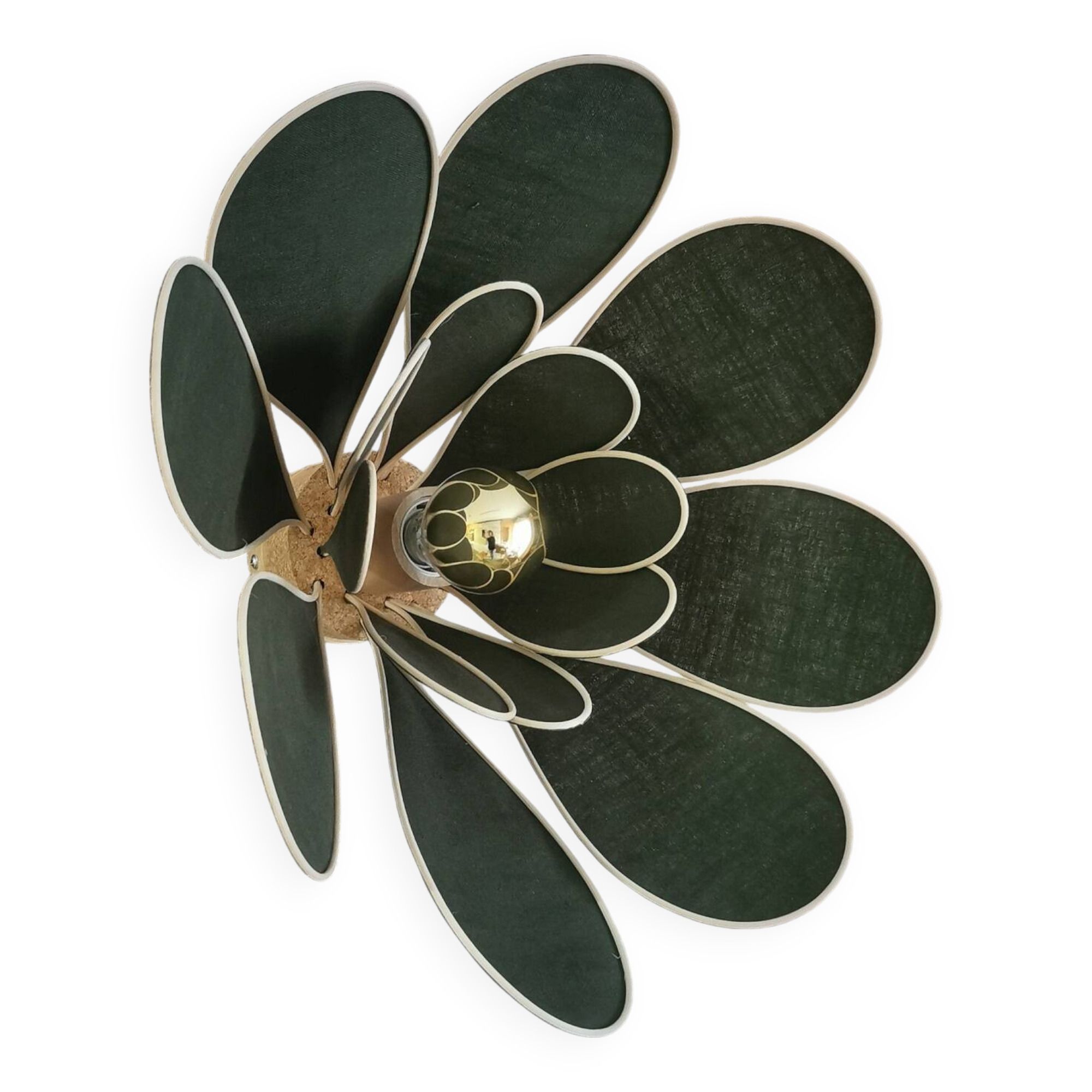 Flower wall light made of rattan and fir green linen petals