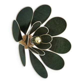 Flower wall light made of rattan and fir green linen petals