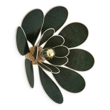 Flower wall light made of rattan and fir green linen petals