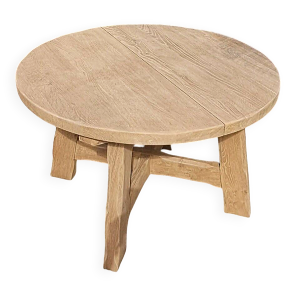 Table à manger ronde brutaliste chêne massif De Puydt – Extensible 120/200