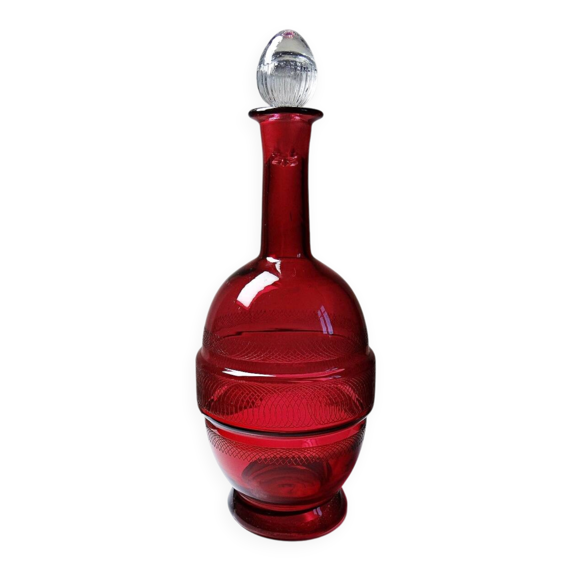 Small carafe, glass/crystal, antique ruby glass, engraved, 19th-20th century.