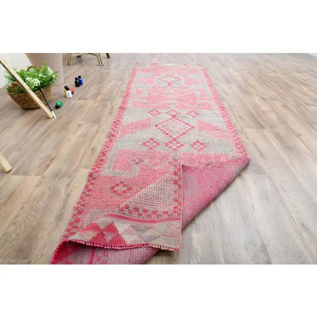 1970s Vintage Turkish Oushak Handmade Wool Cotton Pink Runner Rug 90x312