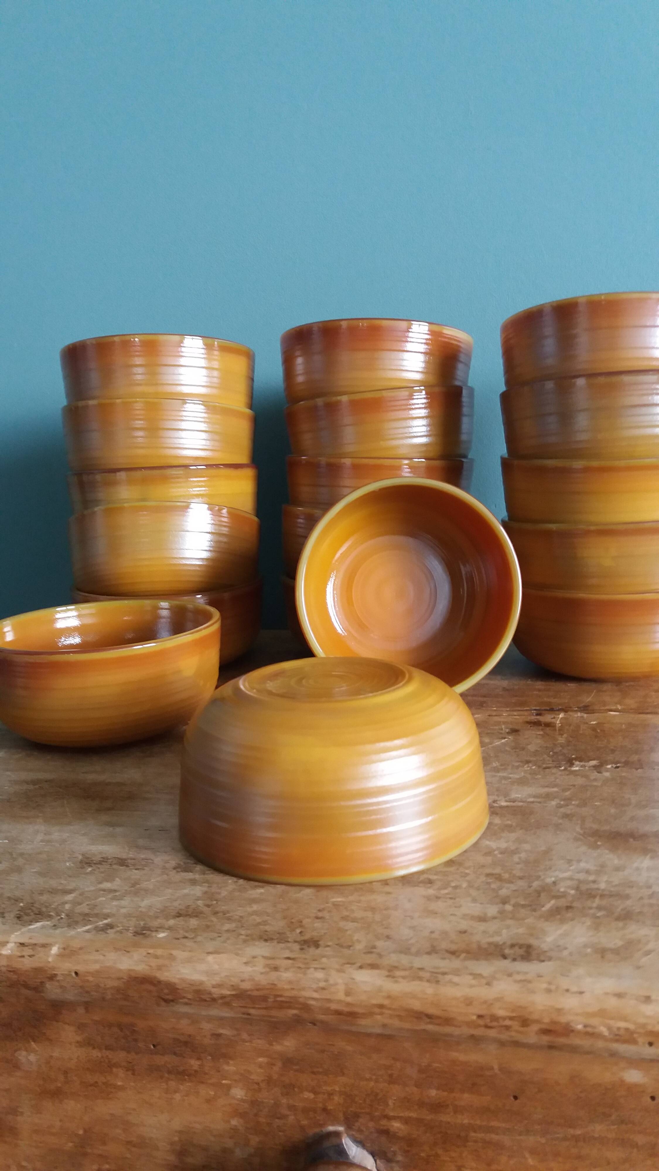 Orange caramel glass ramekins Arcopal Volcan 1970s