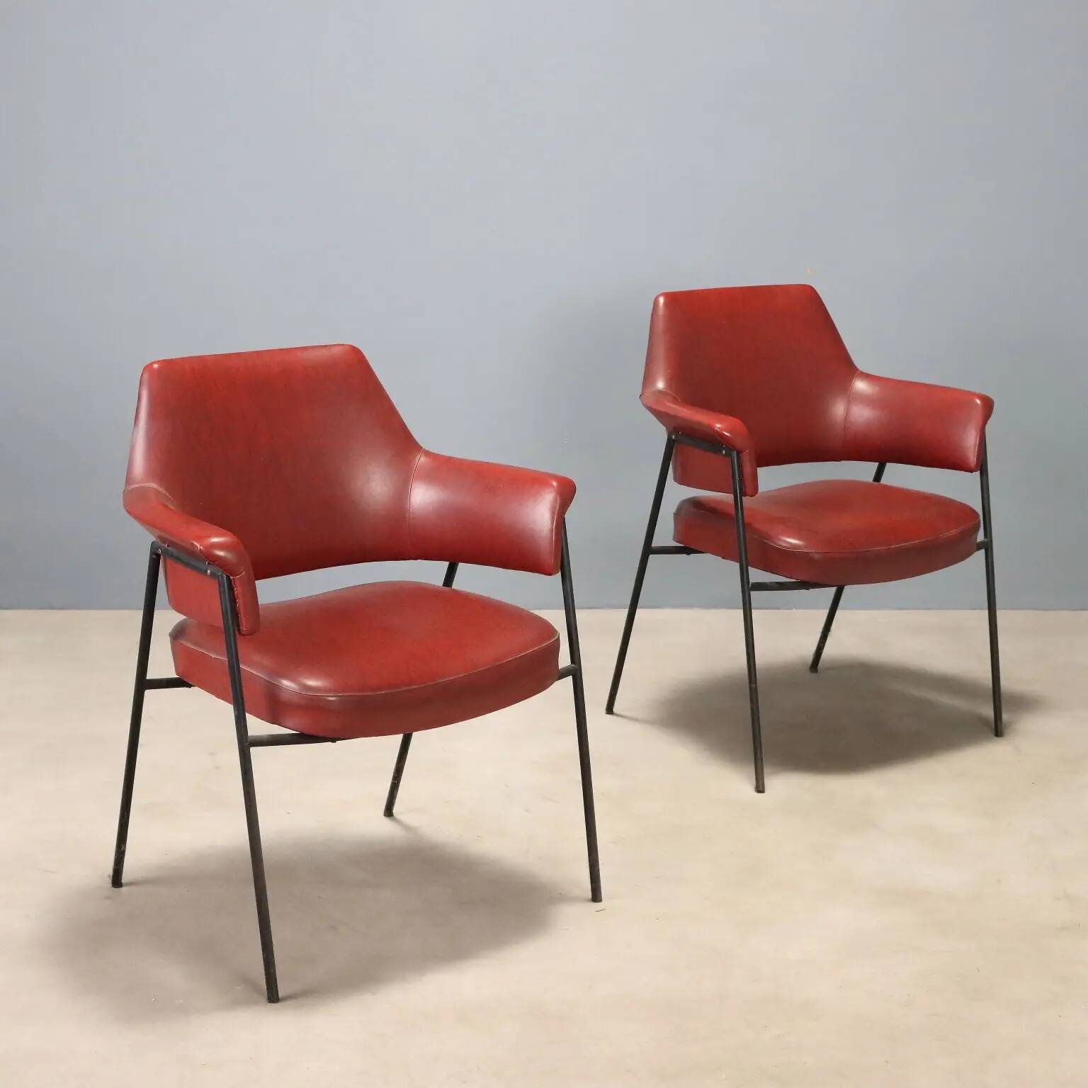 Pair of vintage metal and faux leather armchairs, Italian design, 1960s