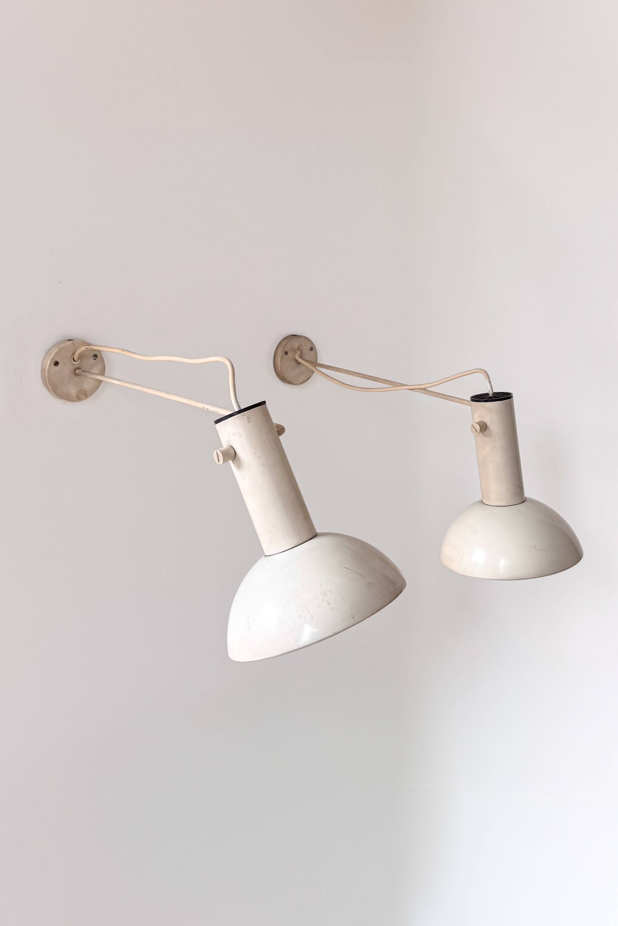 Pair of XL vintage wall lights in matte white metal, France 1970.