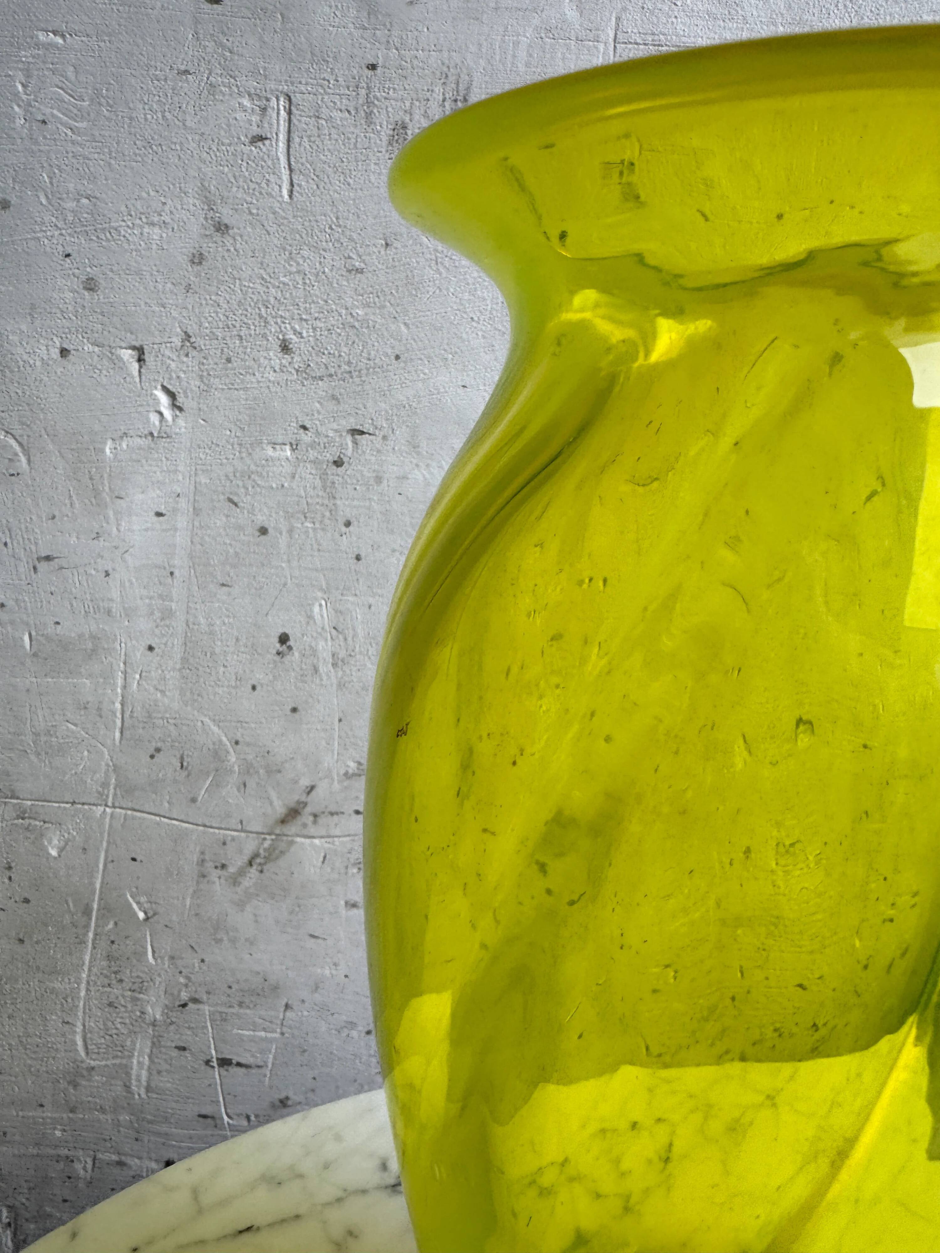 Lime Green Hand-Blown Uranium Glass Swirl Vase — 30 cm, Flared Rim, Art Glass