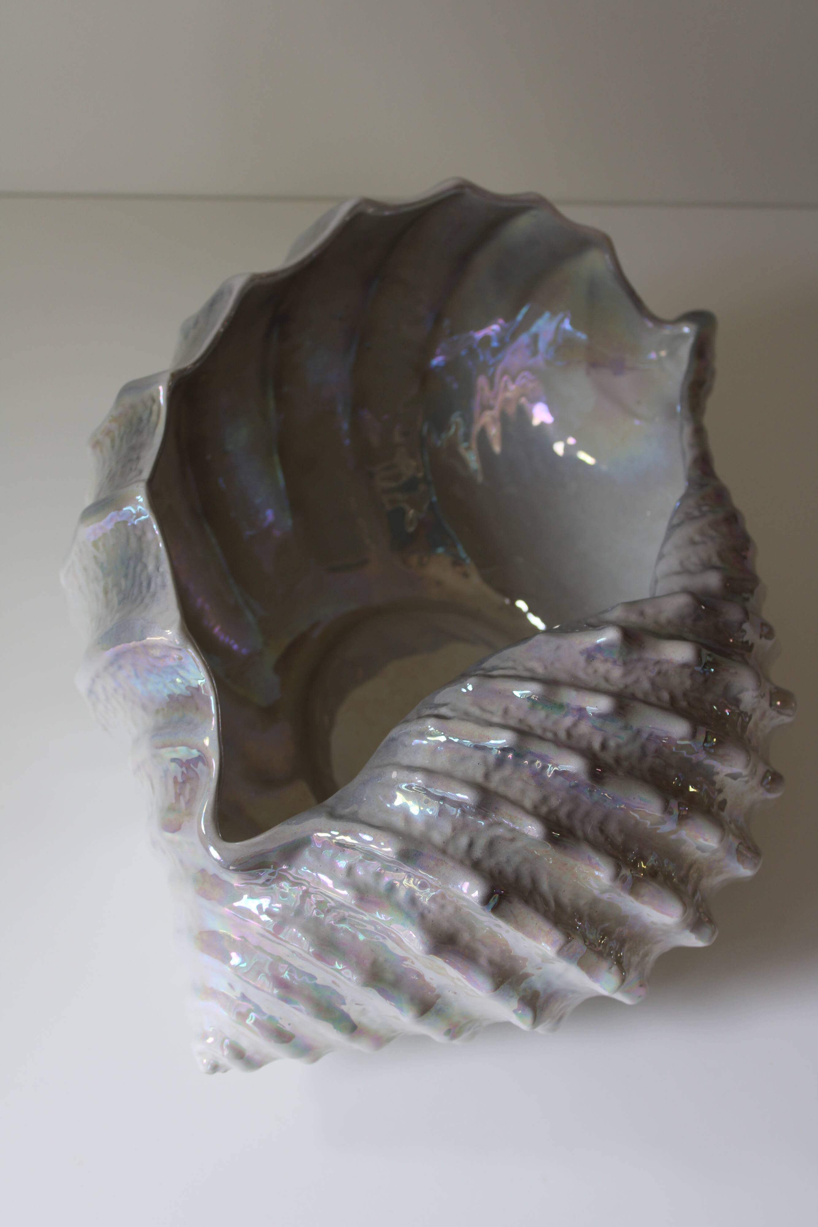 Large iridescent barbotine shell bowl, Italy vintage