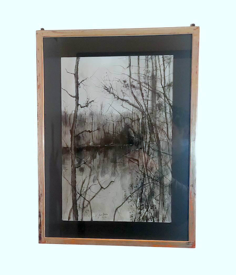 Painting signed gantner (bernard, 1928-2018) – watercolored chinese ink, lake landscape