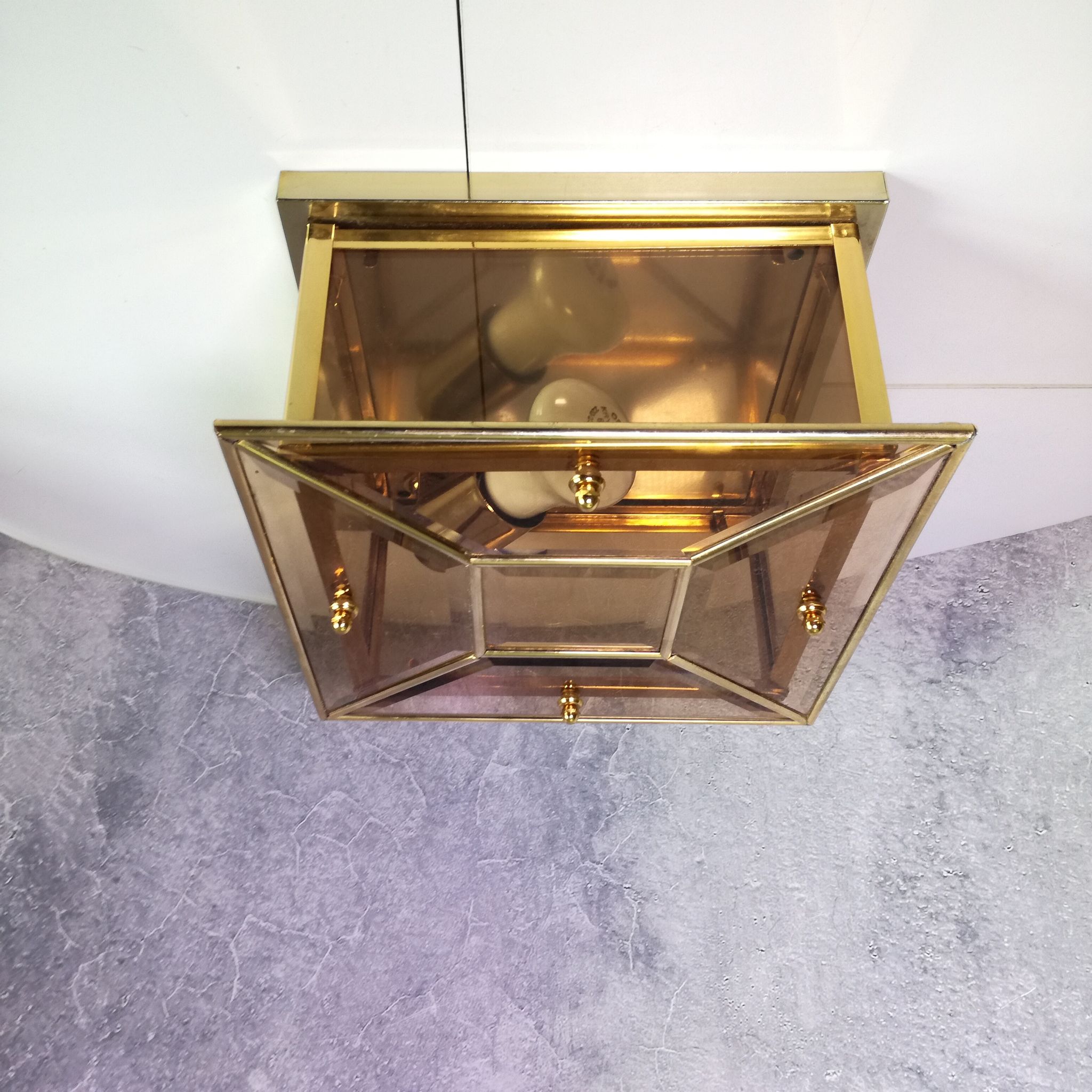 Ceiling lamp or square wall lamp in brass, beveled and tinted glass 1970