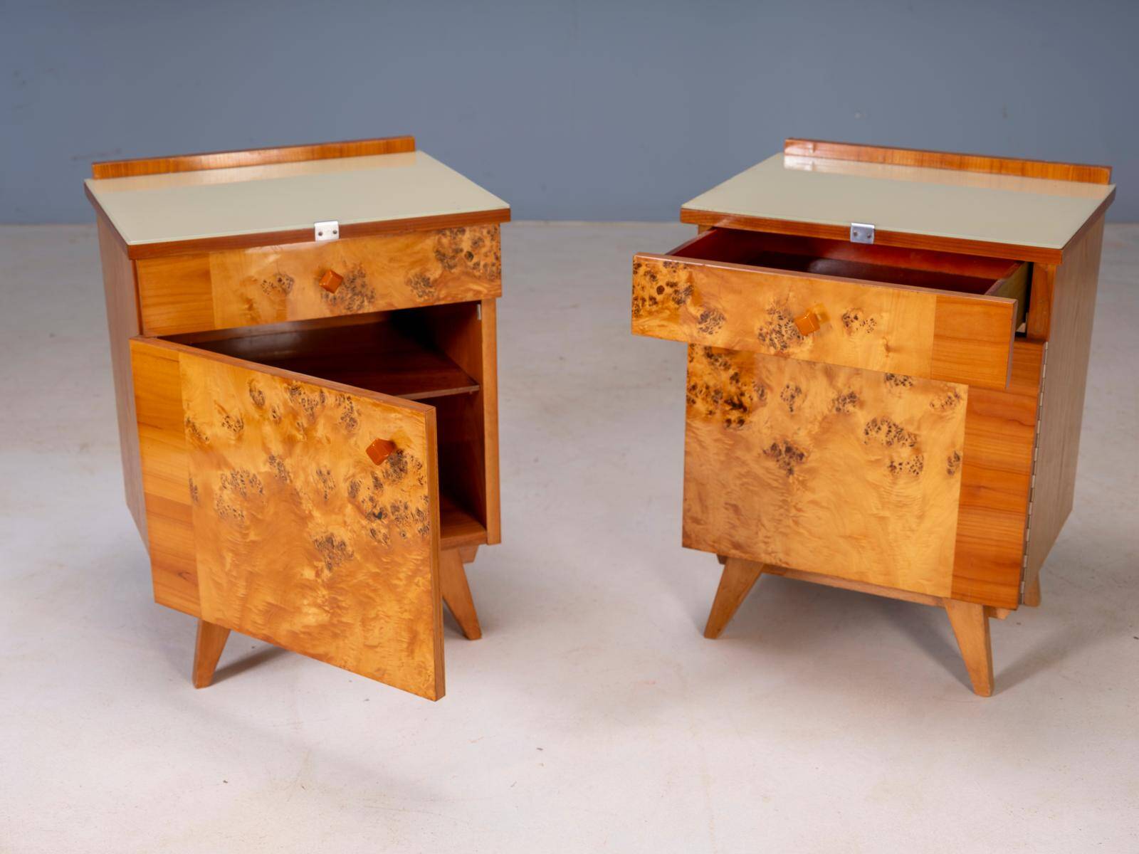 Pair of vintage Czechoslovak bedside cabinets with burl veneer, mid-century modern, 45 × 34 × 45 cm