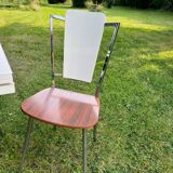 White Formica table with extensions and 2 designer chairs