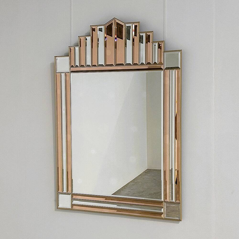 Art Deco style peach & clear bevelled mirror with brass frame, 1980s