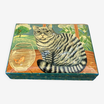 Boite en bois peint indienne chat et poisson ancienne 70s