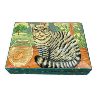 Indian painted wooden box cat and ancient fish 70s