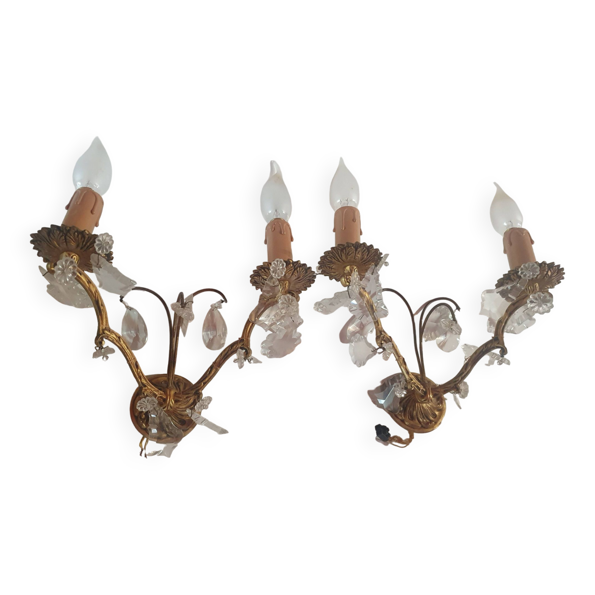 Pair of golden wall lights with vintage glass tassels