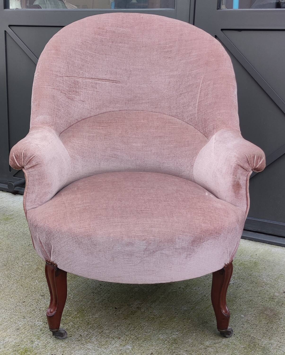 Ancien Fauteuil Crapaud velours Rose Pâle/Style Louis XV