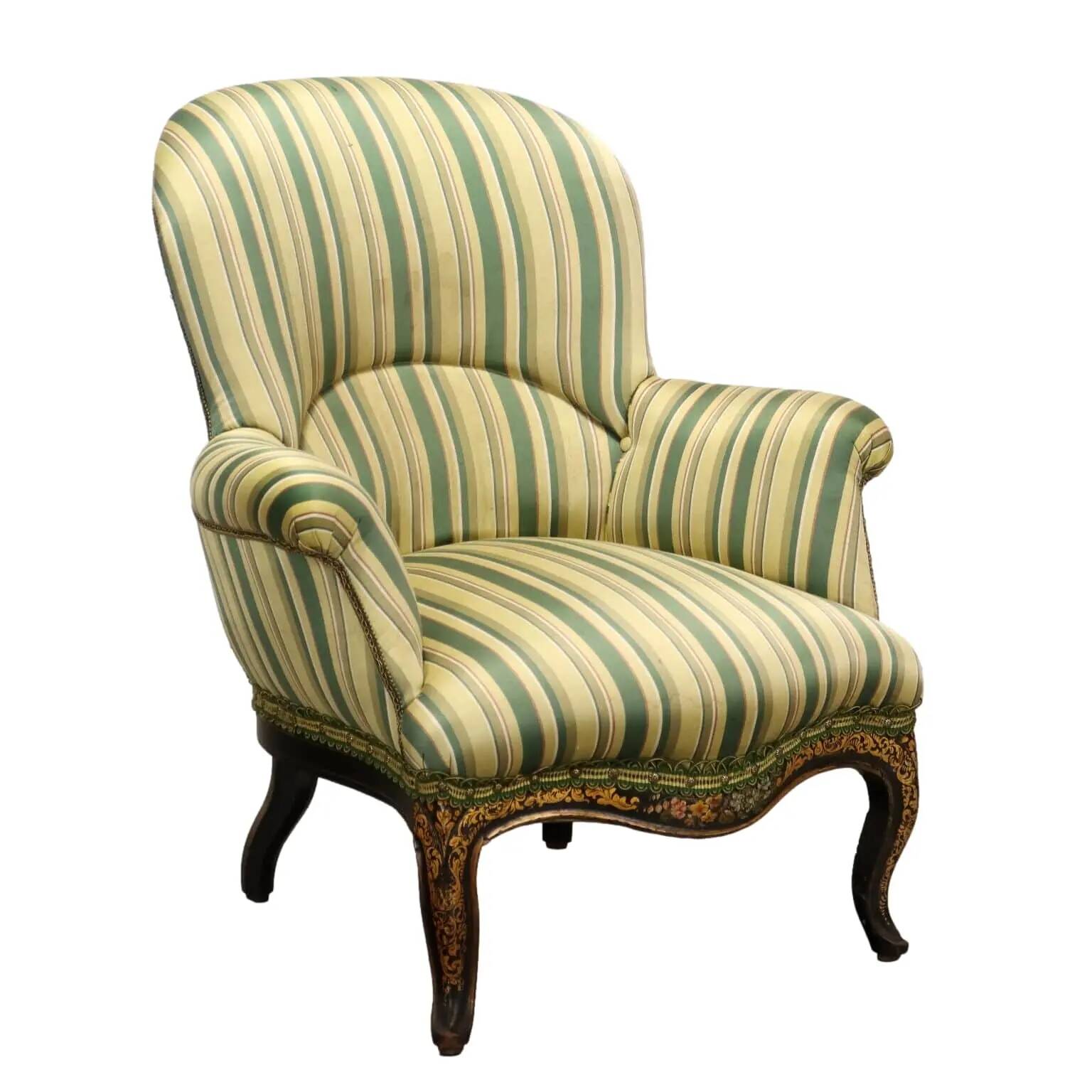 Antique upholstered and lacquered wooden armchair, Italy, late 19th century.