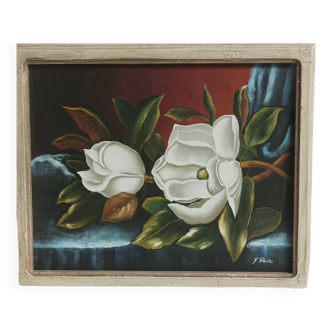 Signed painting on canvas, still life with magnolias