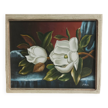 Tableau peinture sur toile signé, nature morte aux magnolias